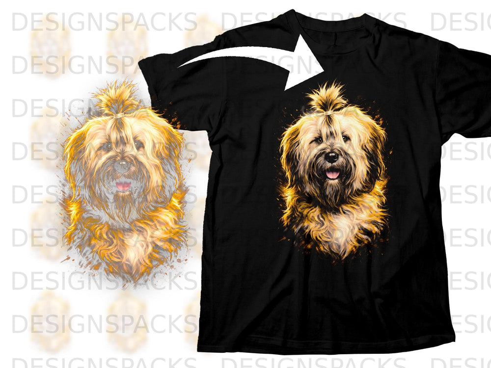 Black t-shirt featuring a close-up, painted-style portrait of a fluffy dog.