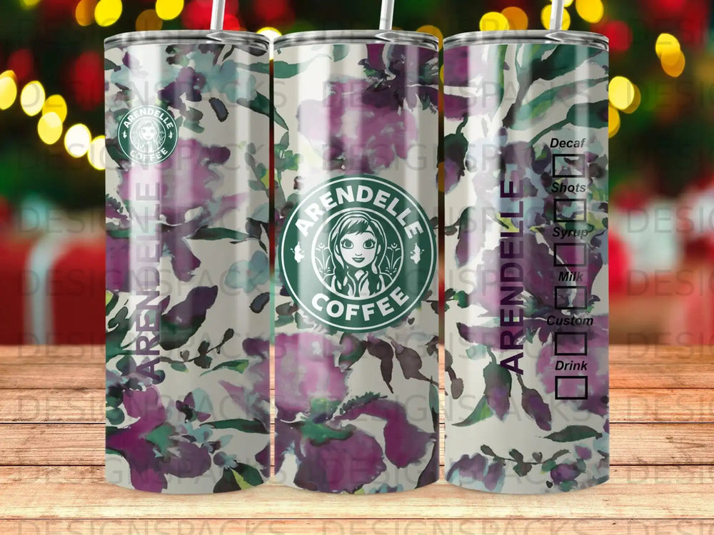 Arendelle Coffee tumbler with floral pattern, showing "Decaf," "Shots," "Syrup," "Milk," and "Custom Drink" labels.