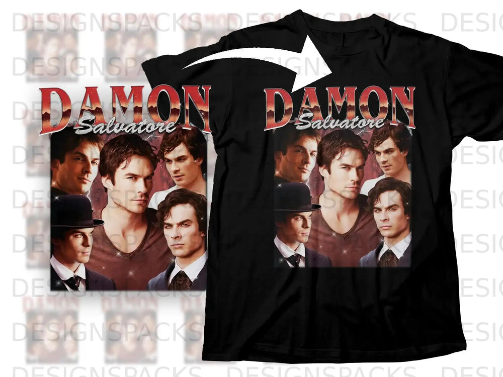 Damon Salvatore collage on a black t-shirt.