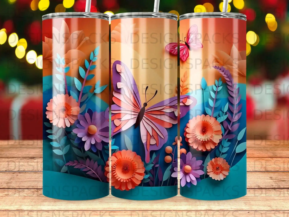 Pink and orange floral pattern with butterfly on a tumbler.