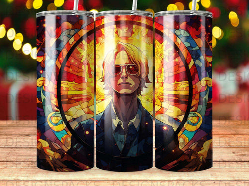 Man with sunglasses and serious expression against a vibrant stained-glass sunburst.