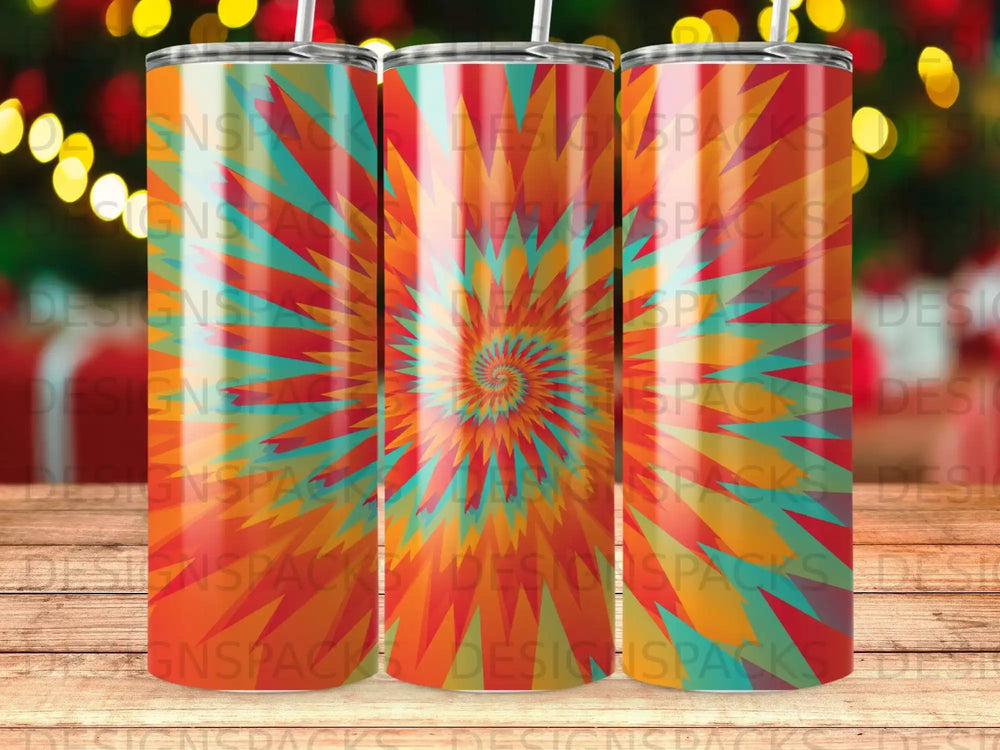 Tie-dye tumbler with a concentric spiral pattern.