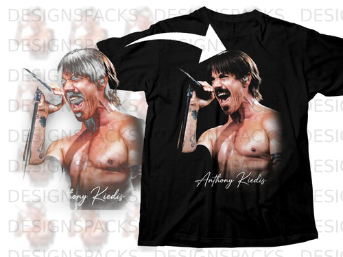 Black t-shirt with graphic of Anthony Kiedis singing into a microphone.