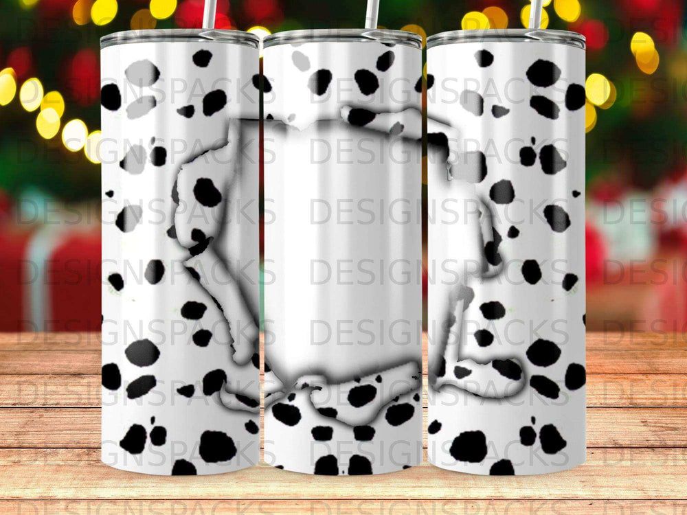 White tumbler with black spots, repeating "DESIGNSPACKS" text.