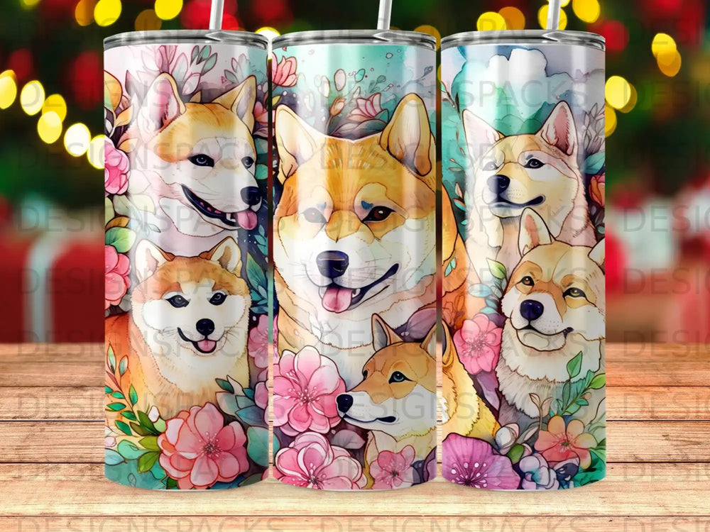 Watercolor corgis with flowers on a tumbler.