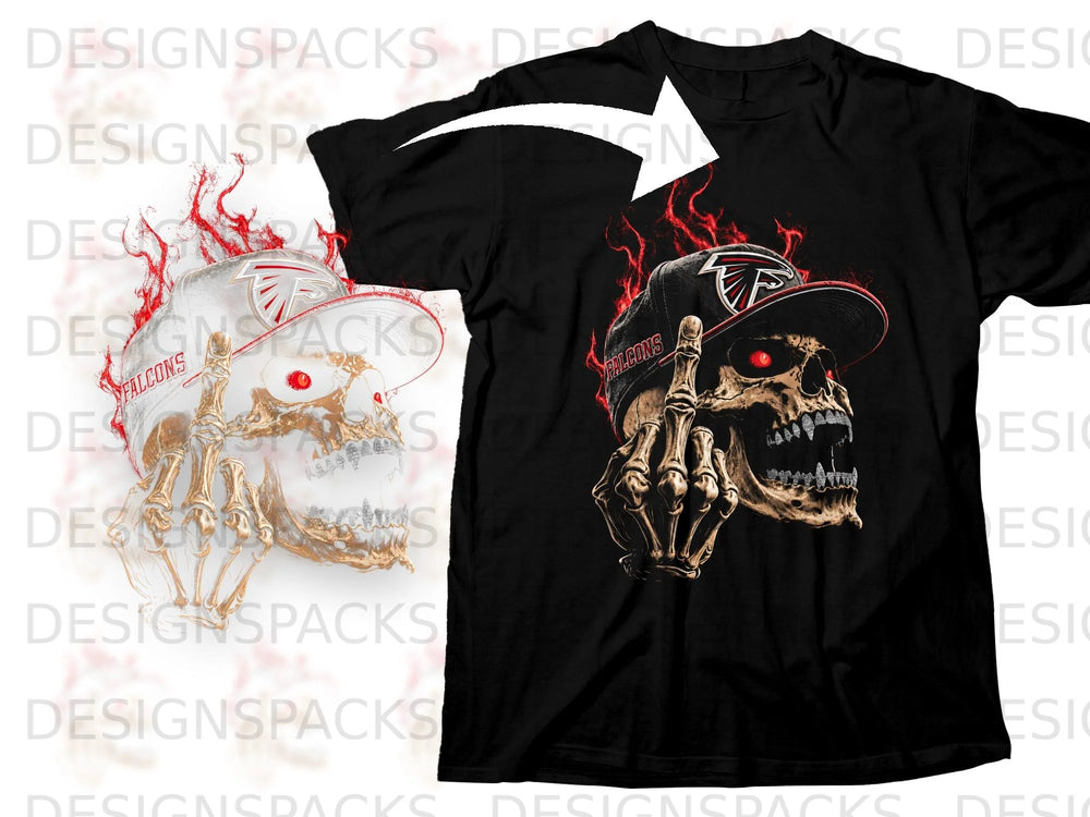 Black t-shirt with a flaming skull wearing a Falcons hat and giving the middle finger.
