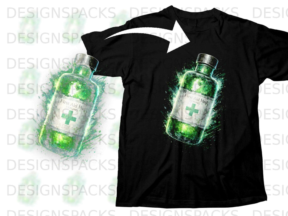 Black t-shirt with a green "First Aid Med Strong" bottle graphic.