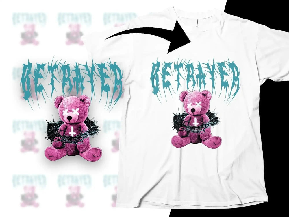 Pink teddy bear with X eyes, thorn crown, and 'BETRAYED' text on white t-shirt design