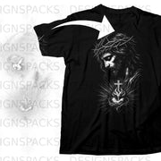 Black t-shirt with a detailed graphic of Jesus wearing a crown of thorns and Sacred Heart.
