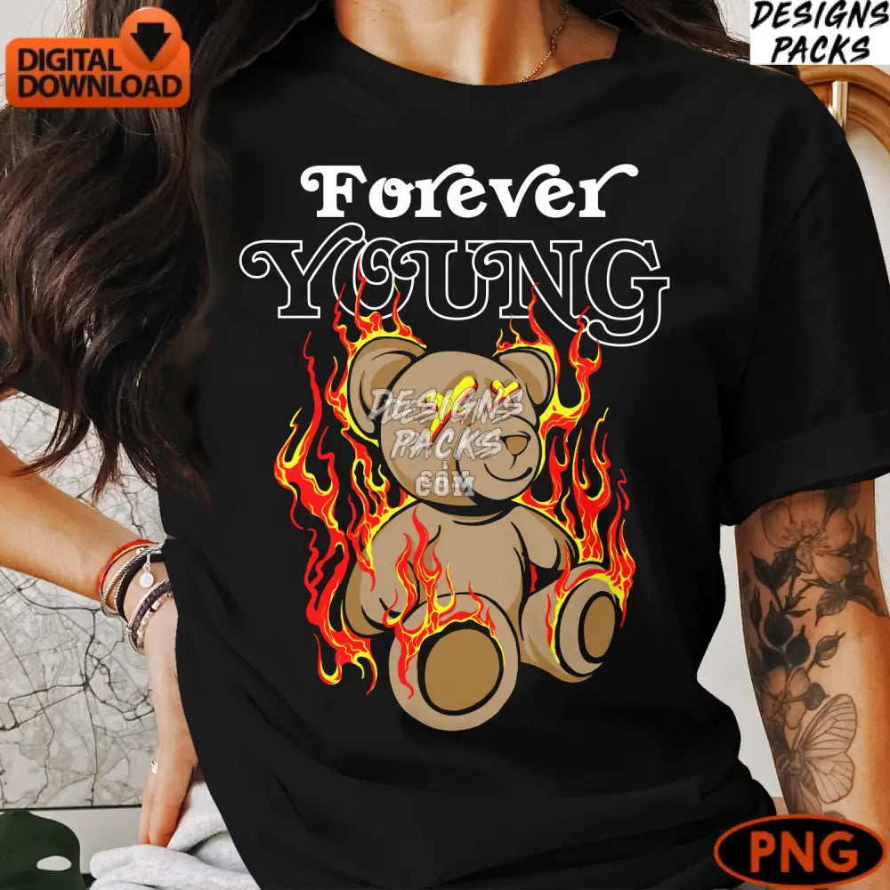Edgy Teddy Bear With Flames Graphic Young Bold Text Digital Png Instant Download For Diy Projects