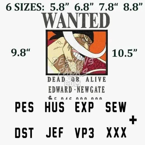 Edward Newgate One Piece Anime Embroidery Design