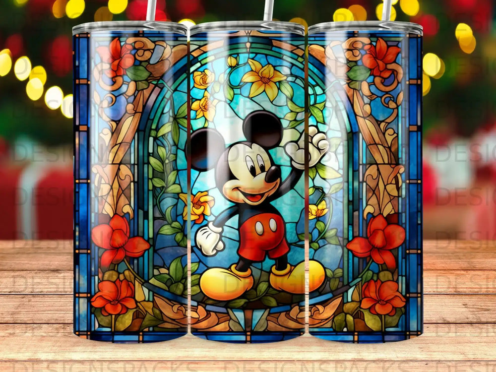 Mickey Mouse in a stained glass design with flowers and a wooden background.
