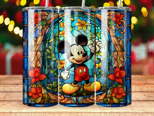 Mickey Mouse in a stained glass design with flowers and a wooden background.
