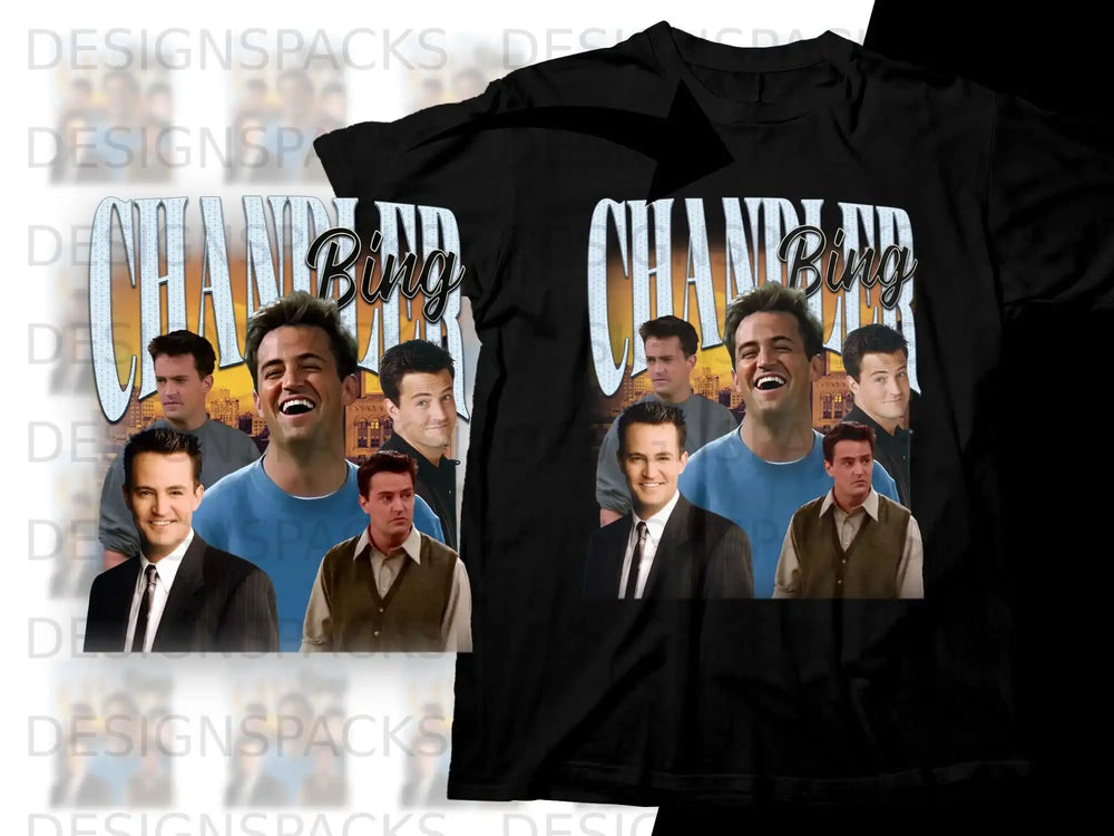 Friends TV show collage of Chandler Bing on a black t-shirt.