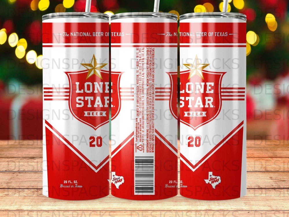 Lone Star Beer 20 fl oz can with red and white stripes.