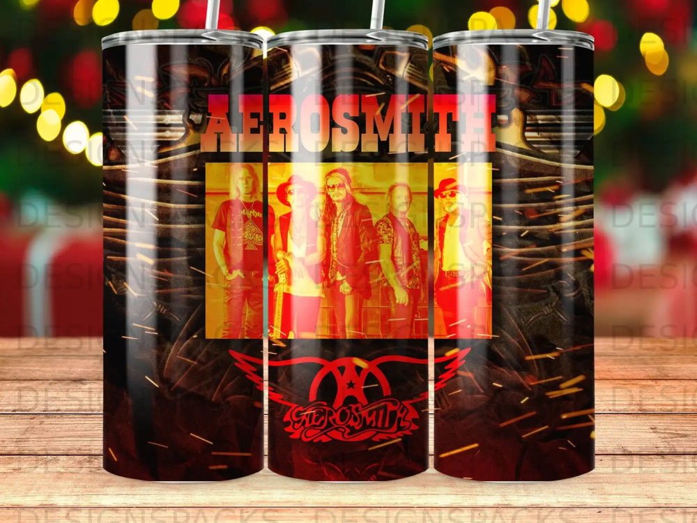 Aerosmith band members and logo on a speckled, fiery tumbler.