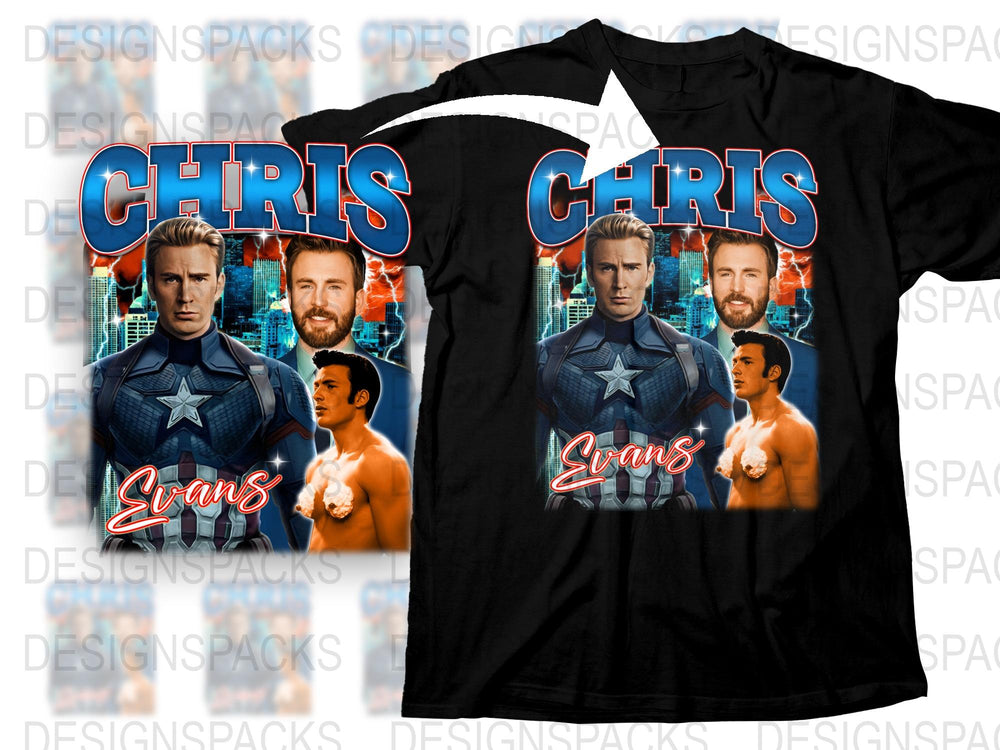 Chris Evans Graphic T-Shirt, Captain America Movie Star Photo Collage, Men's Black Tee