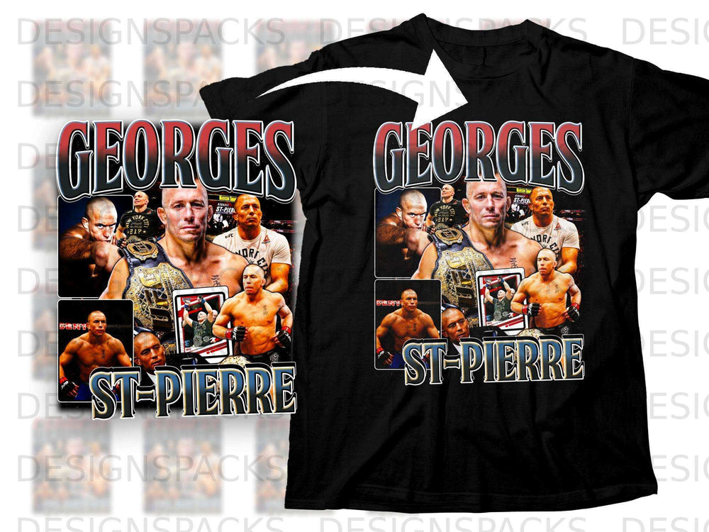 Black t-shirt featuring Georges St-Pierre with championship belts and martial arts imagery.