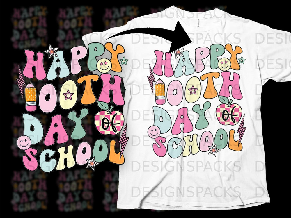 Retro groovy text reads "Happy 100th Day of School" with fun graphics.