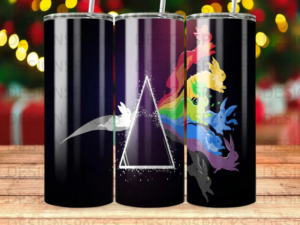 Dark Side of the Moon prism with colorful rainbow and cartoon rabbits.