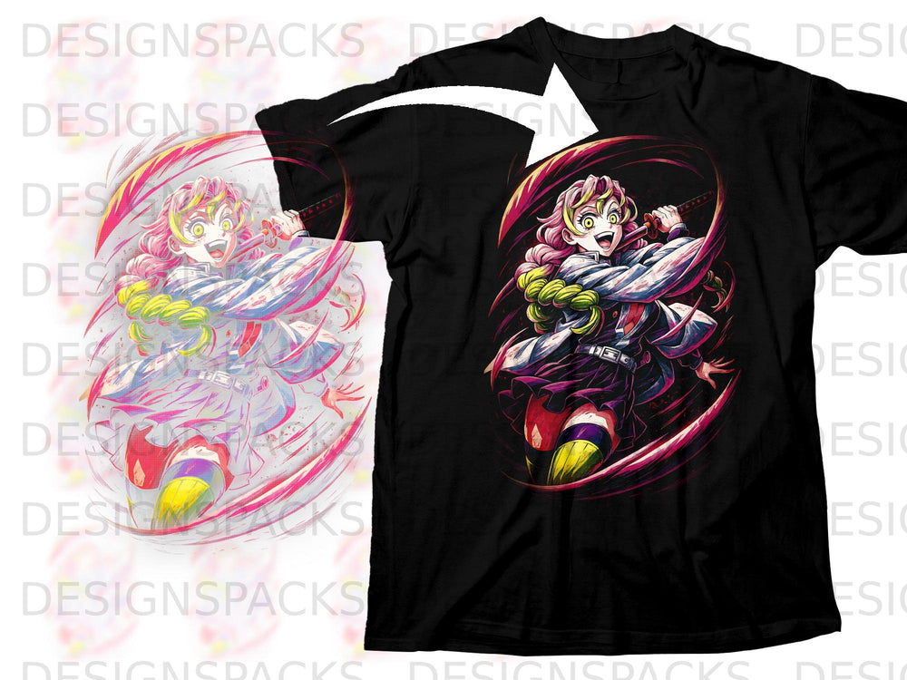 Black t-shirt featuring anime character Mitsuri Kanroji in dynamic pose with sword.