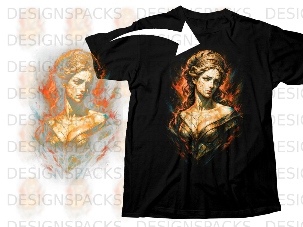 Black t-shirt with a cracked, distressed portrait of a woman with fiery accents.