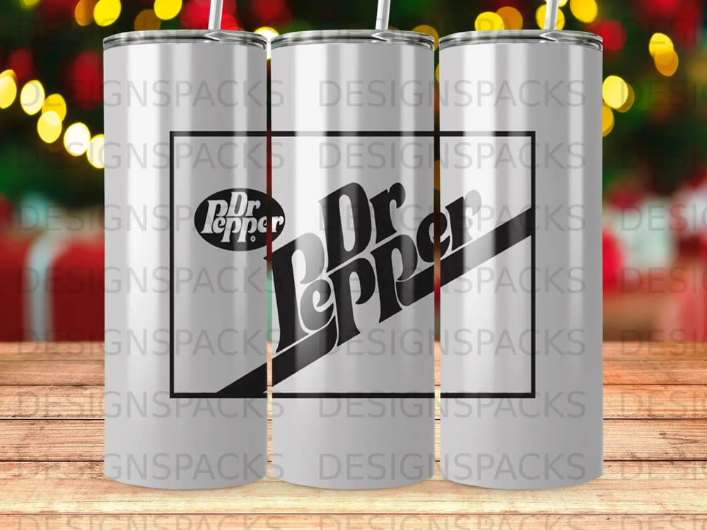 Dr Pepper logo on a tumbler with a bokeh background of lights.