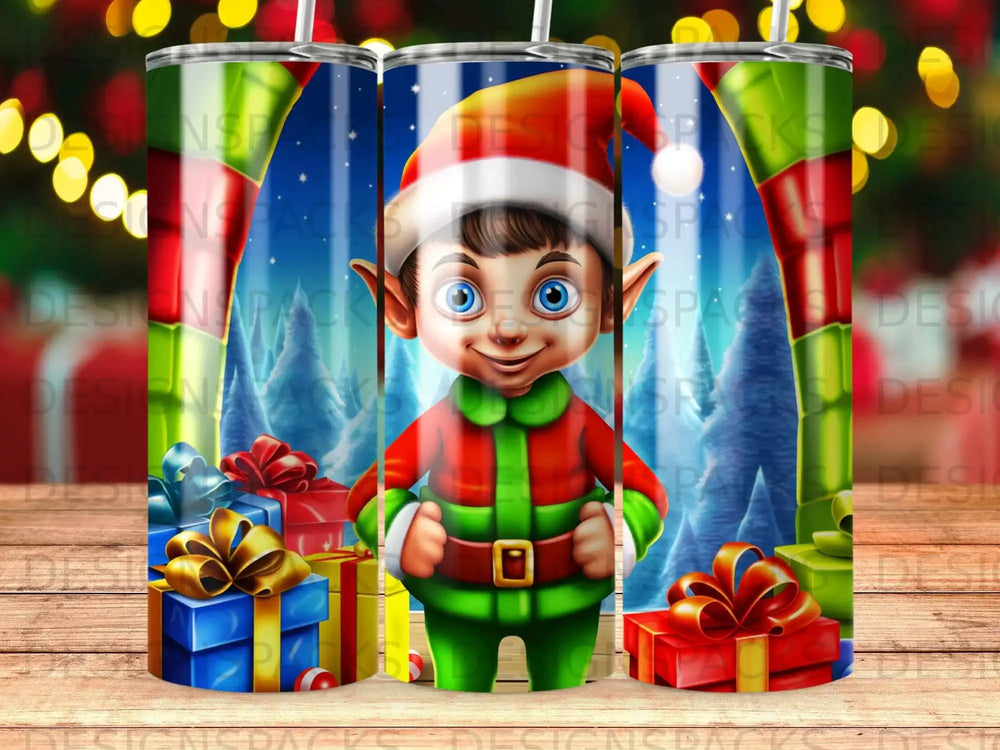 Cartoon elf in festive attire holding gift boxes in front of snowy trees.