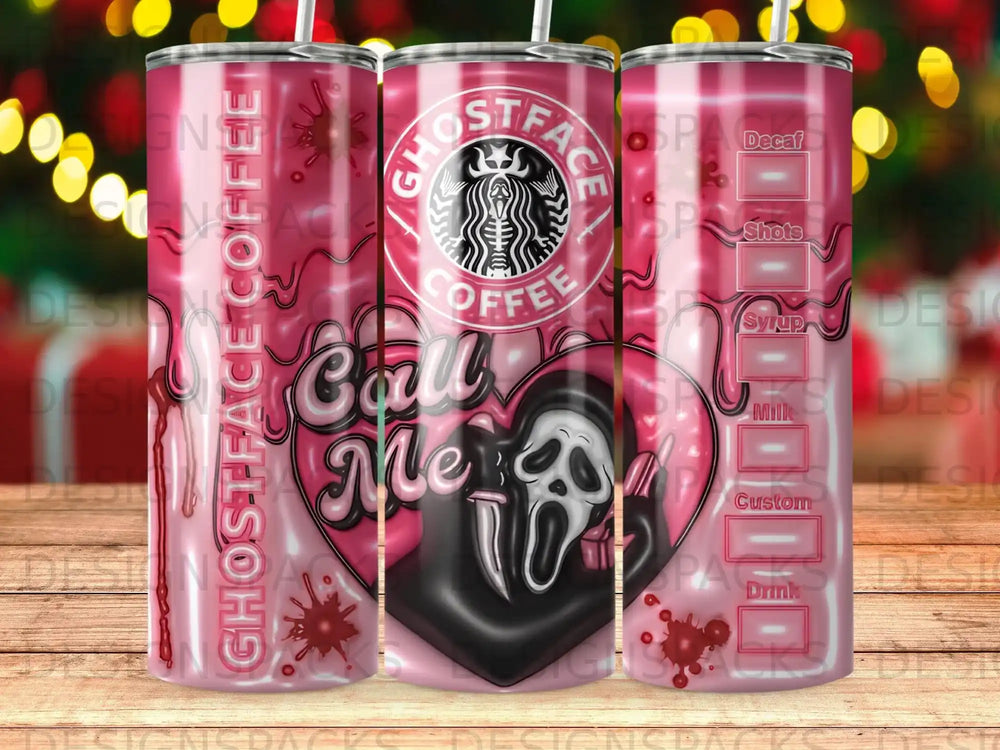 Ghostface Coffee tumbler with Scream mask and "Call Me" text.