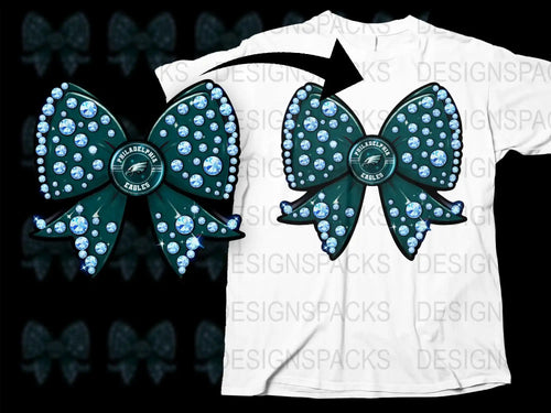 Philadelphia Eagles Inspired Rhinestone Bow Hair Clip and T-Shirt Set, Green and Silver, Sports Fan Gear, Gift for Her