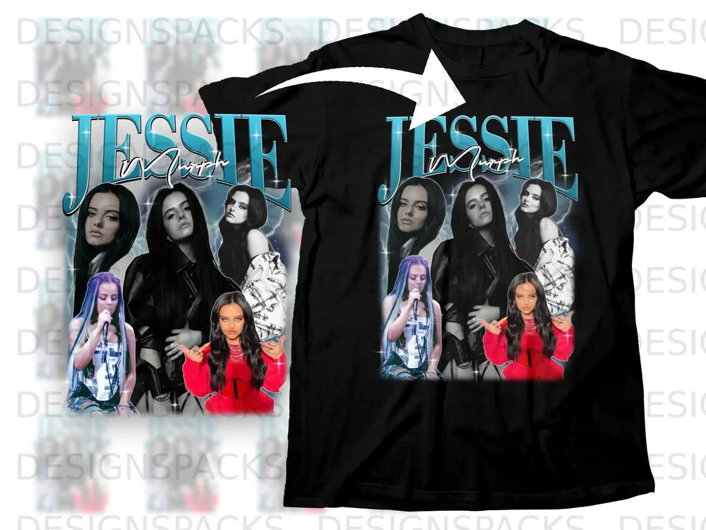Black t-shirt with "Jessie" text and a collage of images of a woman.