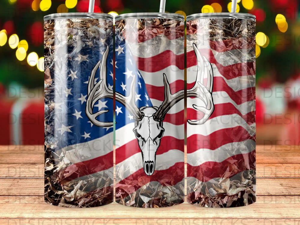 Skull with antlers overlaid on American flag and camouflage pattern.