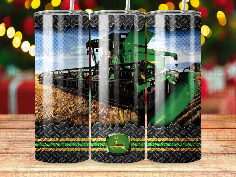 Green combine harvester in a field with yellow and green striped pattern.