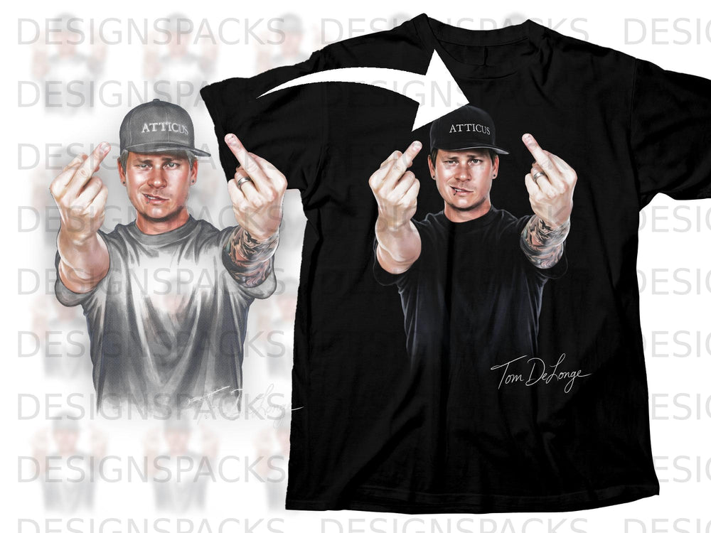Black t-shirt with "Atticus" hat and "Tom DeLonge" signature, man flipping middle fingers.
