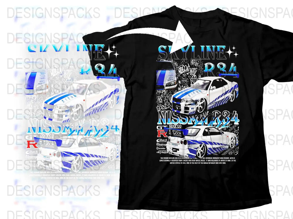 Nissan Skyline GT-R R34 Inspired Graphic T-Shirt, JDM Car Enthusiast, Automotive Apparel, Racing Tee, Unique Gift for Car Lovers