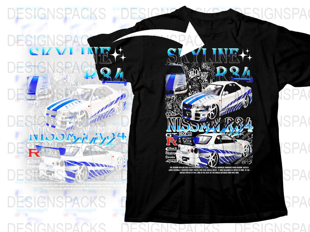 Nissan Skyline GT-R R34 Inspired Graphic T-Shirt, JDM Car Enthusiast, Automotive Apparel, Racing Tee, Unique Gift for Car Lovers