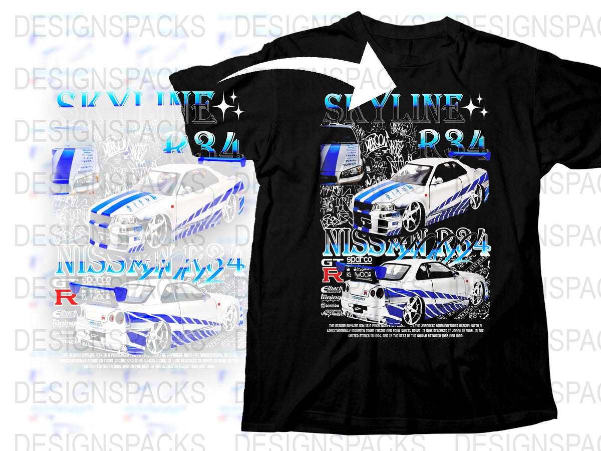 Nissan Skyline GT-R R34 Inspired Graphic T-Shirt, JDM Car Enthusiast, Automotive Apparel, Racing Tee, Unique Gift for Car Lovers