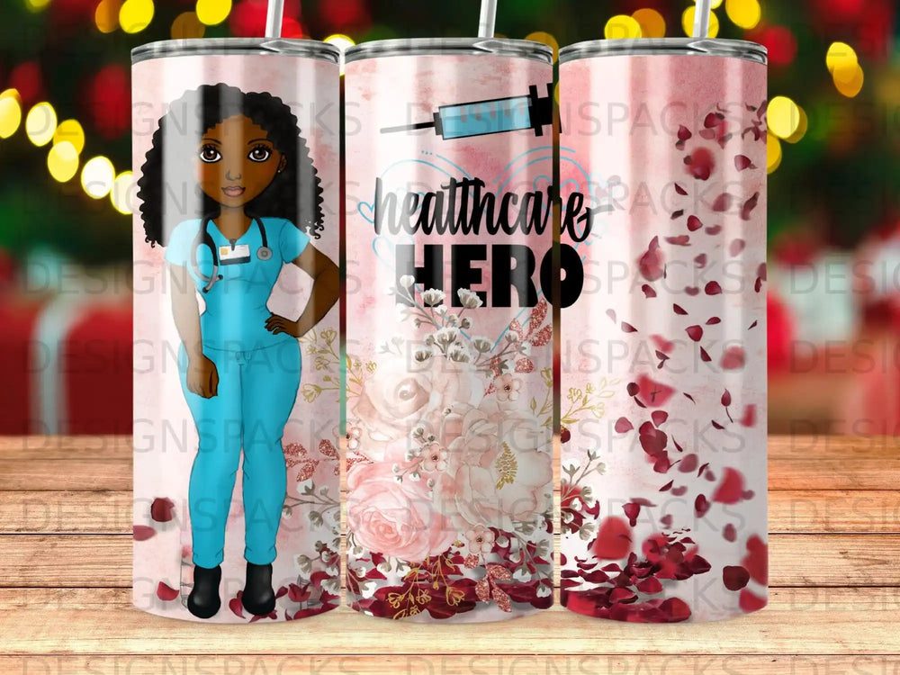 Healthcare Hero tumbler with nurse, syringe, and floral design.