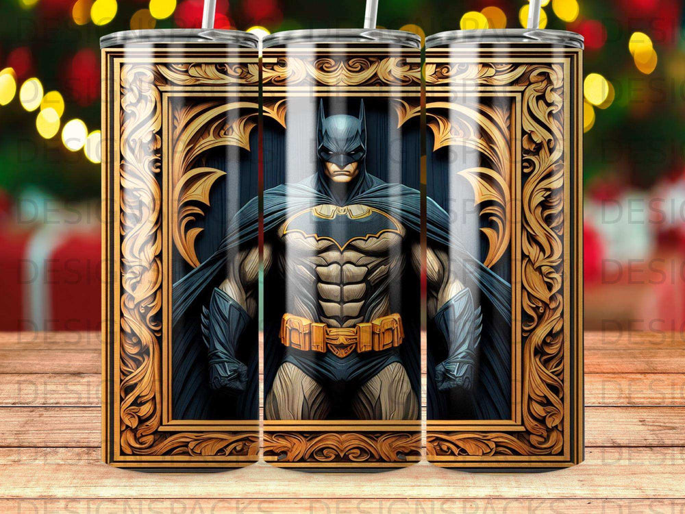 Batman art in ornate gold frame on tumbler with bokeh background.
