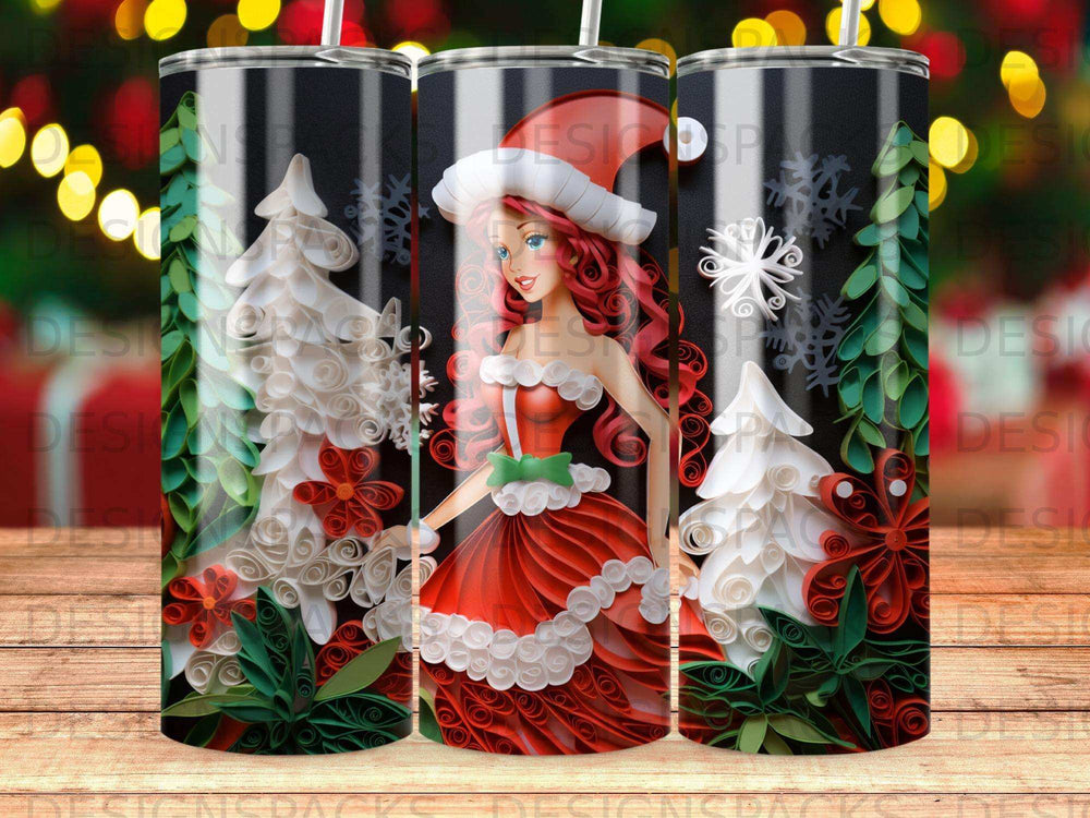 Woman in Santa dress and hat with Christmas trees and snowflakes, quilled paper art.