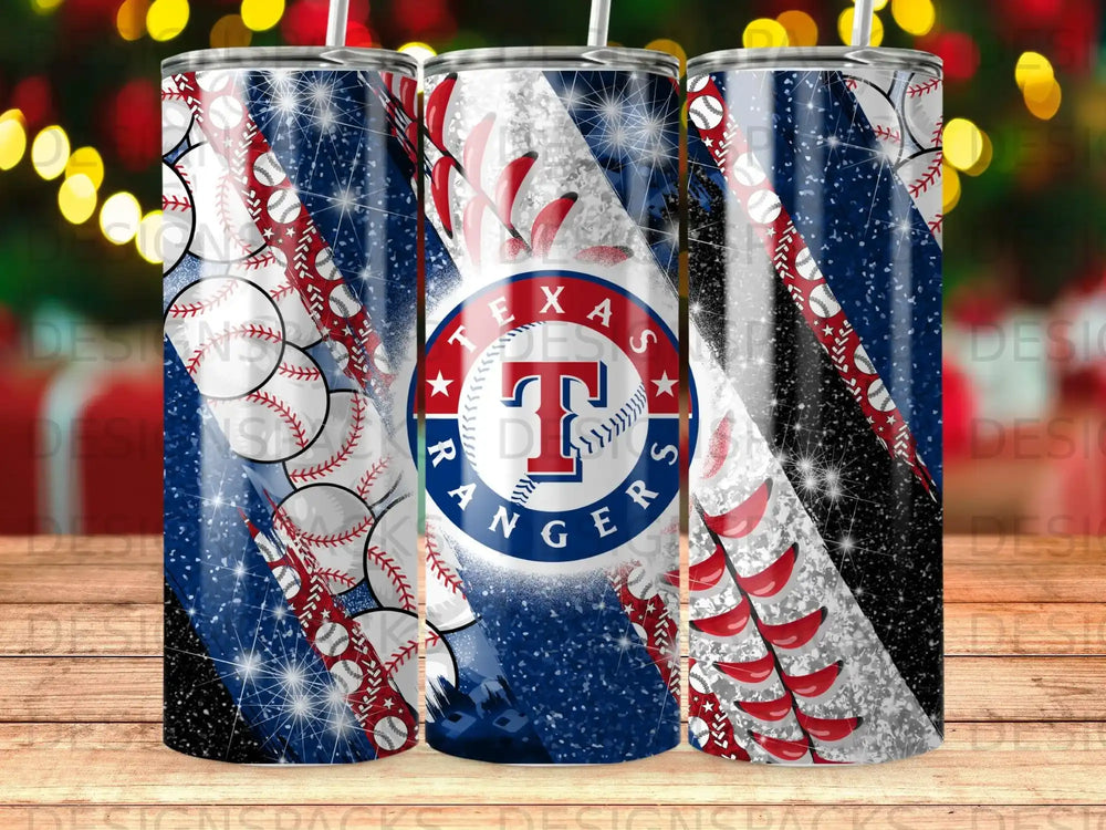 Baseball tumbler with American flag and Texas Rangers logo.