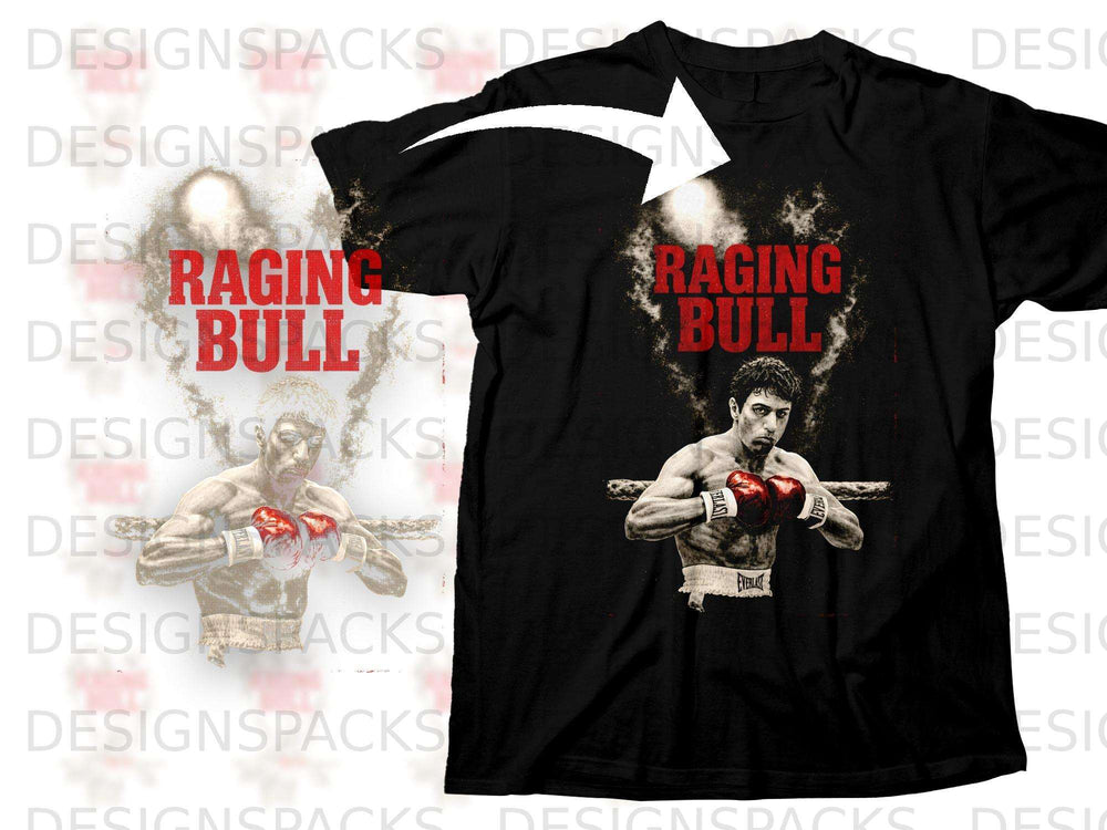 Black t-shirt with "Raging Bull" text and boxing graphic.