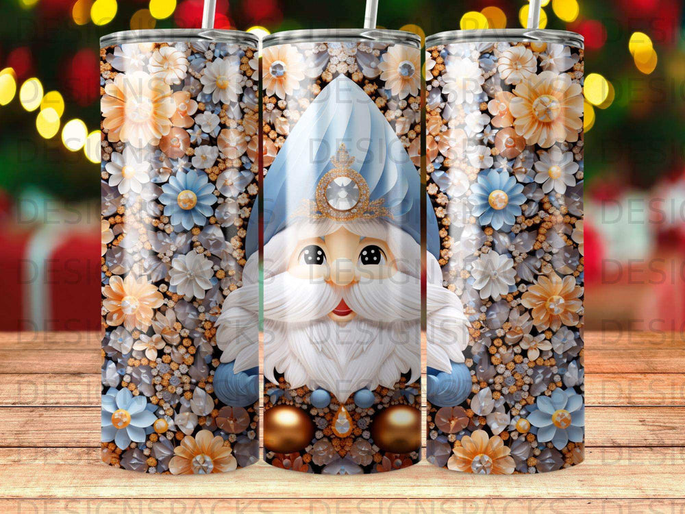 Gnome with flower pattern on tumbler, close-up centered.