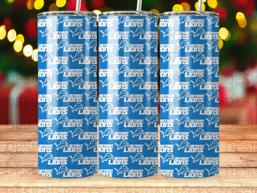 Detroit Lions logo pattern repeated on multiple stainless steel tumblers.