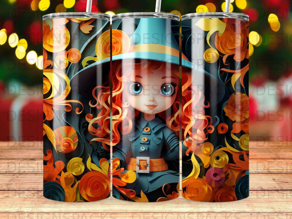 Girl in witch hat with orange hair surrounded by fall flowers.