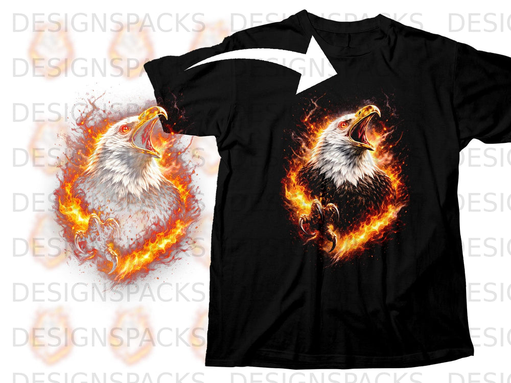 Black t-shirt with a fierce bald eagle engulfed in flames graphic.