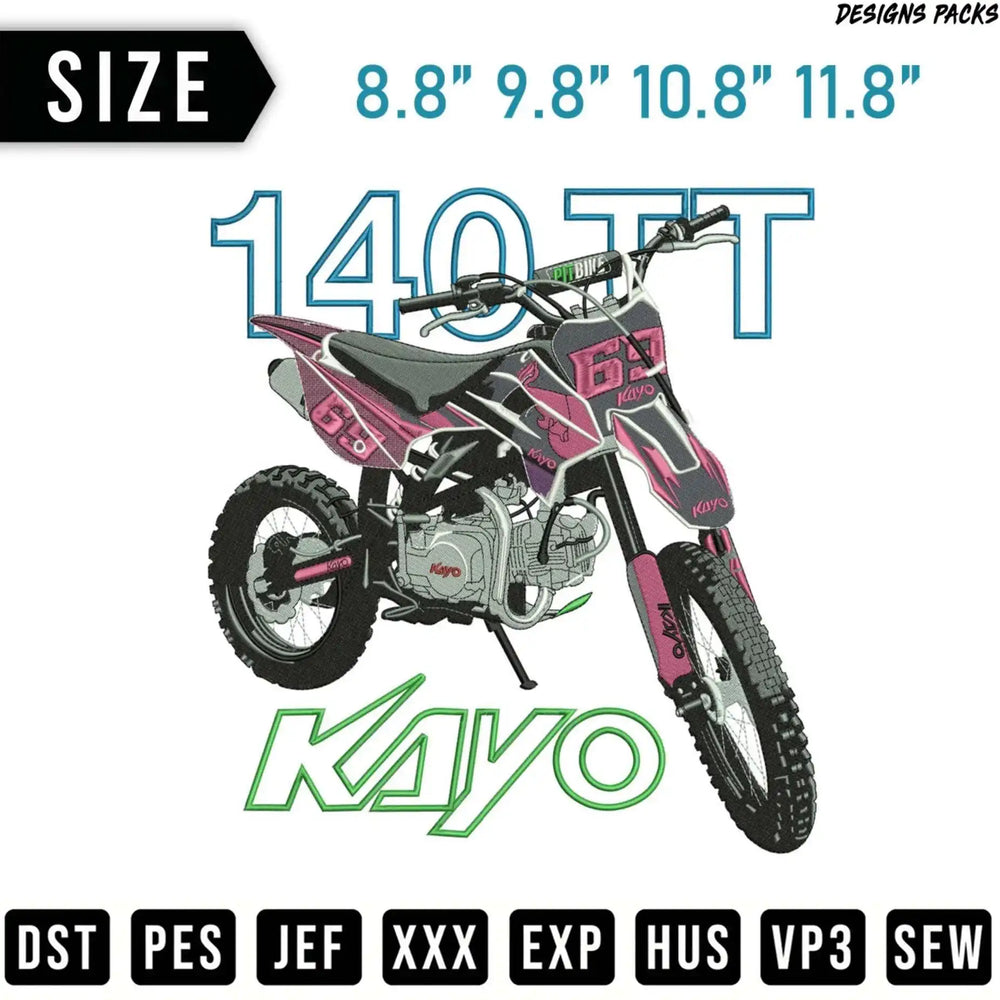 Kayo 140TT dirt bike embroidery design in pink and black with size and file format options.
