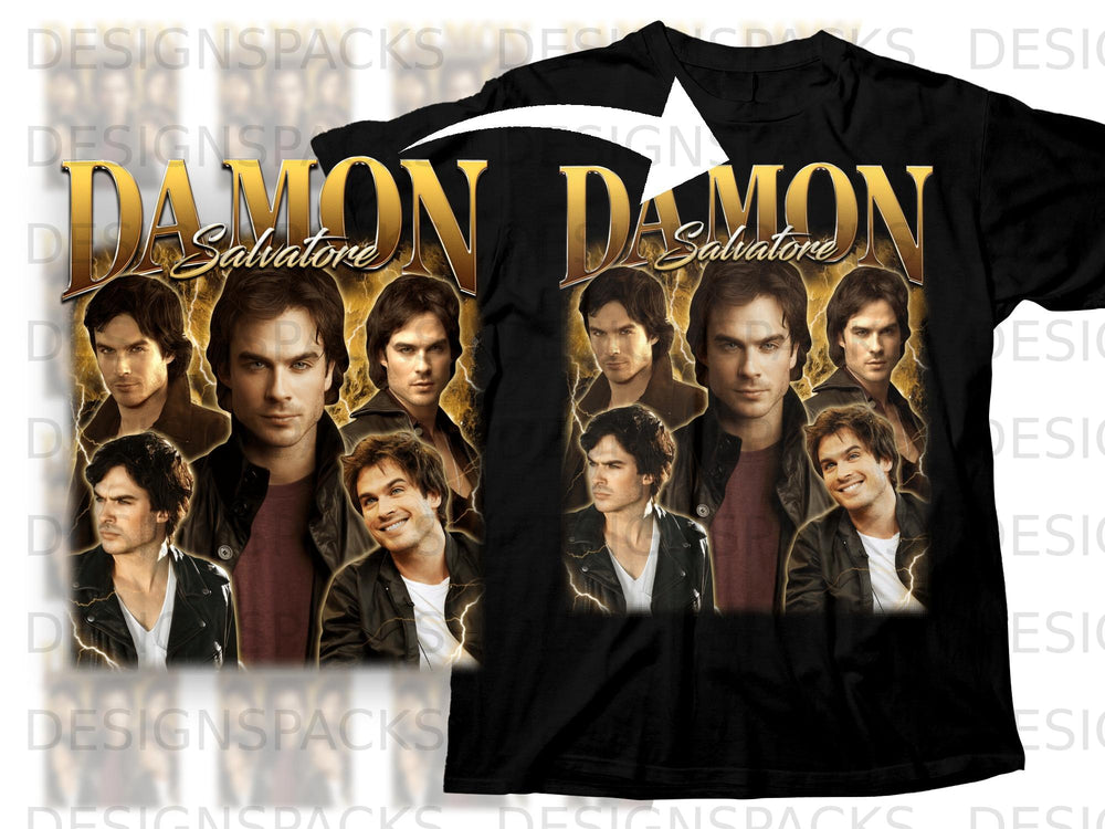 Black t-shirt with "DAMON Salvatore" and collage of actor Ian Somerhalder.