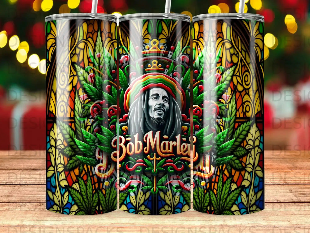 Bob Marley portrait with stained glass and cannabis leaves design.