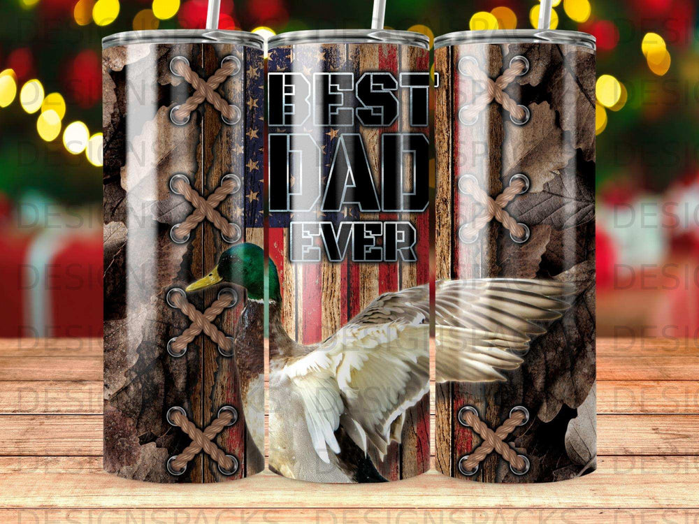 Tumbler with "Best Dad Ever" text, American flag, woodgrain, and duck image.